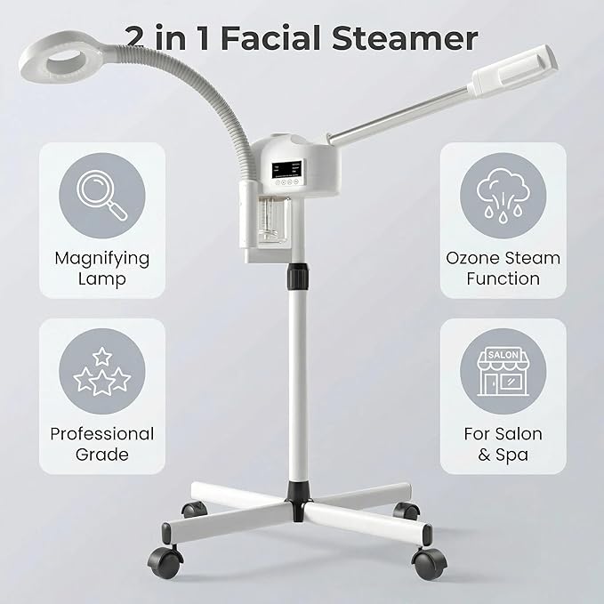 Facial Steamer Professional, Facial Steamer with Magnifying Lamp for Esthetician, 2 in 1 Ozone Steamer for Face, Face Steamer for Facial Deep Cleaning, White.