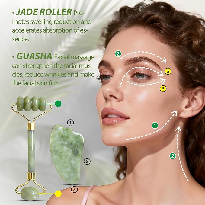 Gua Sha Facial Tools Face Roller and Gua Sha Set for Puffiness and Redness Reducing Skin Care Routine, Jade Roller Face Tools Self Care Gift for Men Women