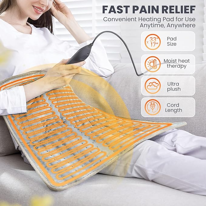 Heating Pad - Electric Heating Pad for Back Pain and Cramps Relief, Moist Heat Pad for Shoulder, Knee, Neck, 6 Heat Settings & Auto Shut Off and Machine Washable, 33" x 17"