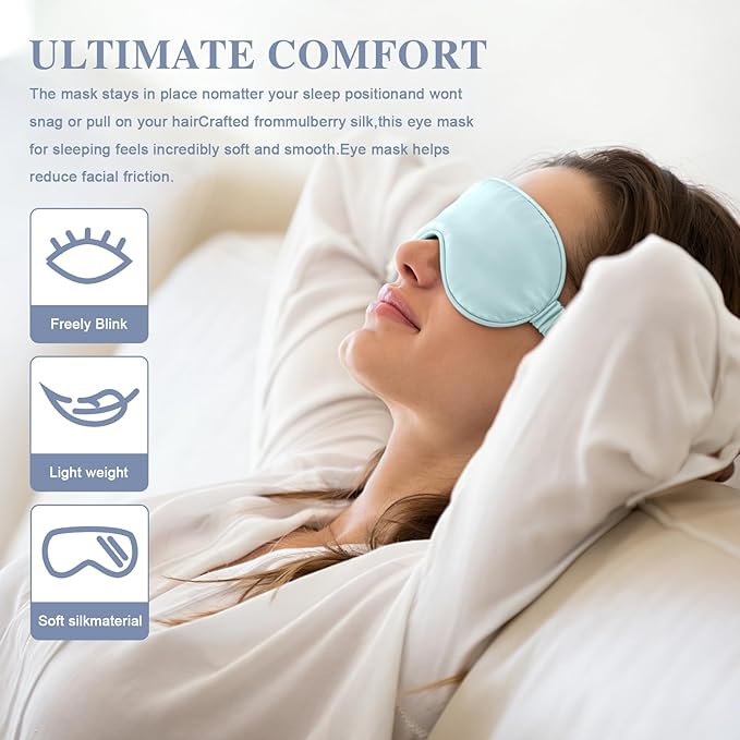 Silk Sleep Mask,Eye Mask for Sleep Women Men,Mulberry Sleeping Mask with Adjustable Strap,Blindfold Blackout Eye Mask for Travel and Full Night's Sleep,Nap