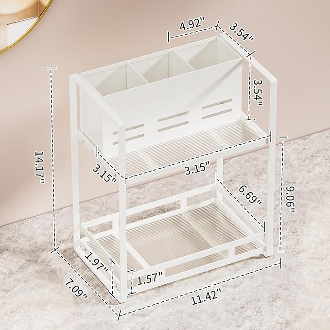 SanDream Hair Tool Organizer Bathroom Countertop, 2-Tier Metal Bathroom Organizer with Blow Dryer Holder, Large Capacity Space-Saving Vanity Shelf for Perfume, Skincare & Makeup Storage (White)