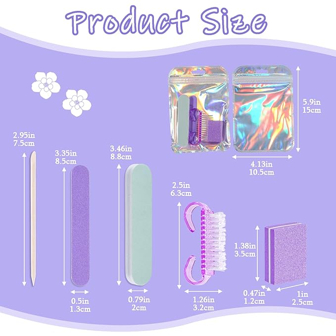 Disposable Manicure Kit Professional, 50 Set Press On Nail Tool Kit with Nail File, Nail Buffer, Nail Buffer Block, Nail Handle Brush, Wood Stick, Packaging Bag (Purple-50pcs)