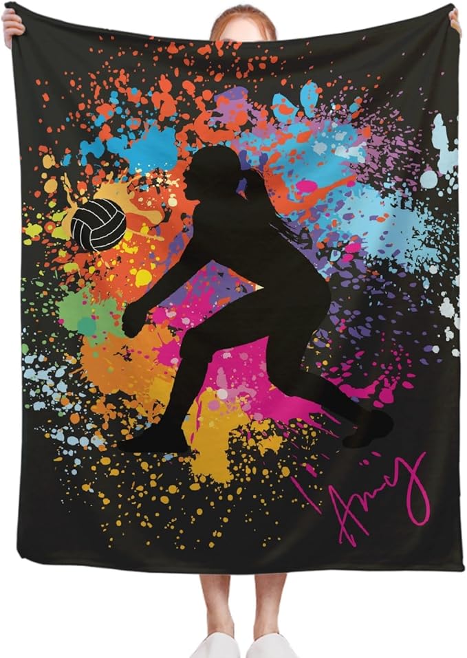 Custom Volleyball Blanket, Personalized Volleyball Blanket, Customized Sport Throw with Name Text for Boy, Men, Volleyballs Gift for Athlete, Coach, Team, 120"x90" Soft Warm Flannel Throw Blankets
