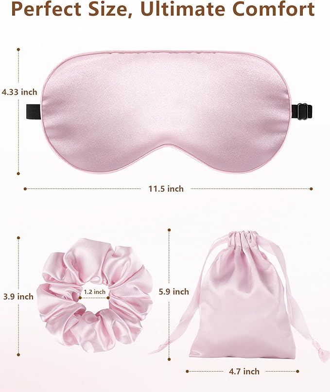 Silk Sleep Mask for Women - 100% Blackout, Super Soft Eye Mask for Side Sleepers, Sleeping Mask with Adjustable Strap, Pink Scrunchies for Women, with Travel Pouch