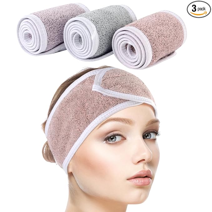 SINLAND Spa Headband for Women 3 Counts Ultra Soft Adjustable Makeup Hair Band with Magic Tape, Terry Cloth Stretch Head Wrap for Face Washing, Bath, Shower, Facial Mask, Yoga