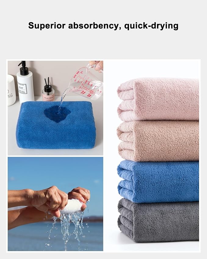 sakano Quick-Drying Microfiber Towel Set - 4-Piece Mixed Color Bath Towel Set, Highly Absorbent, Lint Free Design for Bath, Beach, and Gym -Pink+Khaki+Blue+Dark Gray, 28 x 55 inches