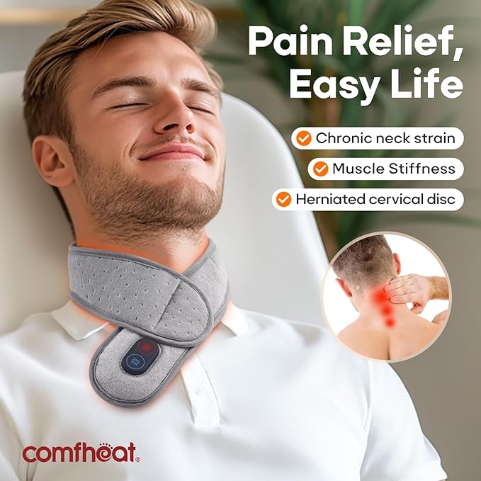 Cordless Neck Heating Pad with Vibration Massager for Pain Relief, Rechargeable Heated Neck Wrap FSA Eligible HSA for Soreness Stiffness, 3 Heat Levels & Vibrations, 3000mAh Battery Included