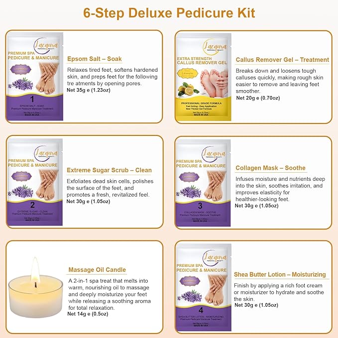 Deluxe 6 Step Pedicure Kit with Massage Oil Candle, Epsom Salt, Callus Remover Gel, Collagen Mask & Shea Butter Lotion + Disposable Pedicure Kit, Liner & Slippers (03 Sets, Lavender)