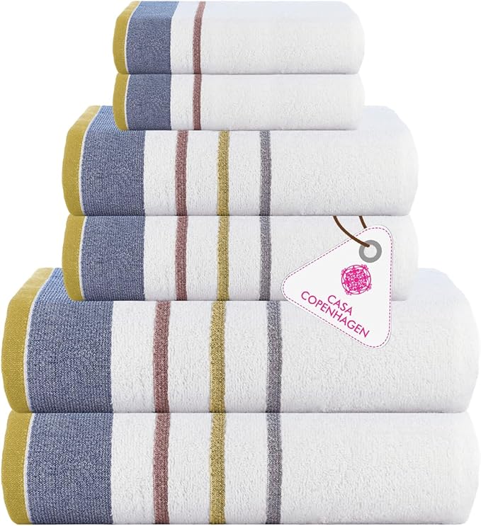 CASA COPENHAGEN White Bay 6Pcs 100% Egyptian Cotton Large Designer Towels Gift Set- Grey - Charcoal, 600GSM, 2Bath 2Hand 2Washcloths, Bath Towels for Bathroom Set for Women & Men