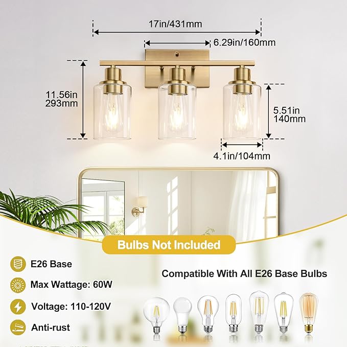 Indoi 3 Light Bathroom Light Fixtures, Brass Vanity Lights for Bathroom with Clear Glass Shades, Modern Bathroom Wall Sconces for Mirror Living Room Cabinet