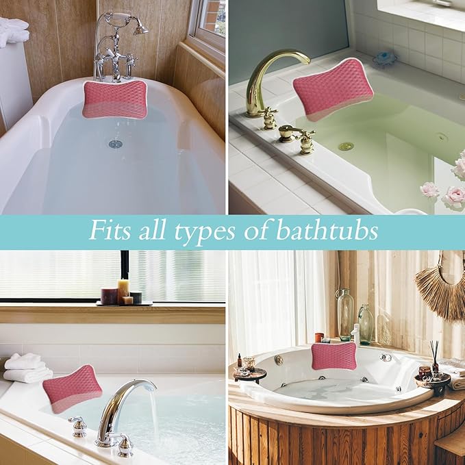 Bath Pillows for tub,Home Spa Pillows for Bathtub, Hot Tub,Head and Neck Support with 2 Strong Suction Cups,Pink