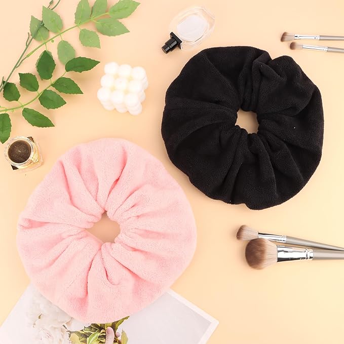 Wecoe Hair Towel Scrunchies 2pcs Soft Absorbent Large Microfiber Hair Drying Scrunchies Thick Fuzzy Scrunchy Ponytail Holder Gifts for Women(Black & Pink)