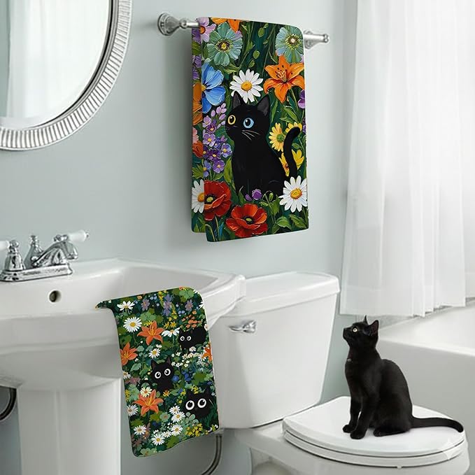 Accnicc 2 Pack Black Cat Bathroom Hand Towels Decorative Green Plant Daisy Floral Dish Kitchen Towel 16x27 Inch Cute Botanical Absorbent Soft Microfiber Bath Towels Hotel Spa