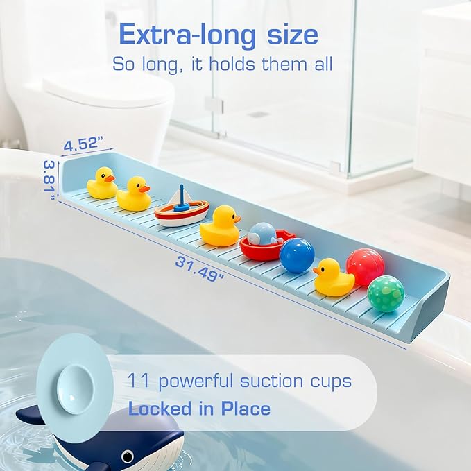 31.5" Bathtub Splash Guard for Kids & Toddlers - Silicone Play Shelf & Toy Storage Tray with Strong Suction Cups to Prevent Water Spills, No-Leak Fun Bath Time - Tub Toy Holder Ledge,Blue