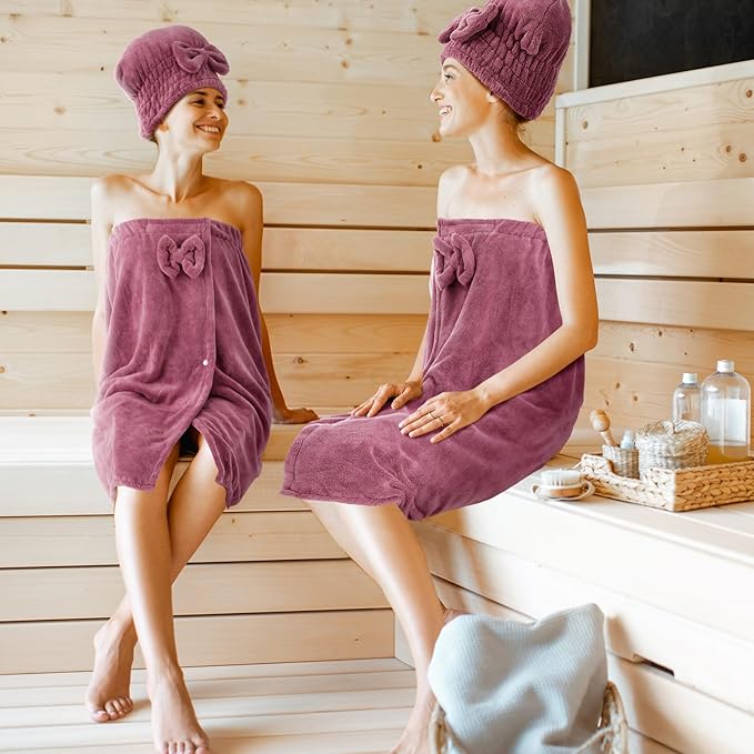 Xtinmee 2 Sets Normal Size Womens Wrap Towel with Hair Towel Bath Towel Wrap Shower Dress Towel Spa Wraps for Women's Bathrobe (Purple)