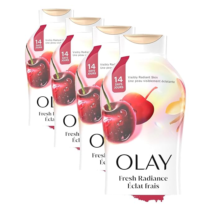 Olay Body Wash for Women, Fresh Radiance, Refreshing & Renewing, Made with Plant Based Cleansers, B3 Botanical Complex, For All Skin Types, Black Cherry & Vanilla Scent, 22 fl oz (Pack of 4)