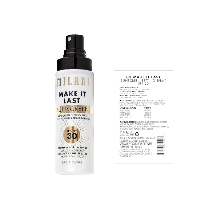 Milani Sunscreen Setting Spray + Primer, Make It Last Sunscreen for Face- SPF 30 UVA & UVB Protection Antioxidant Rich Formula for Broad Spectrum Protection, Prime + Set + Protect, 2.02Fl. Oz