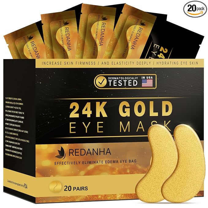 REDANHA 20 Pairs 24K Gold Under Eye Patches Face Masks Dark Circles Puffy Eye Bags Collagen Skincare Spa Trip Gift Eye Mask