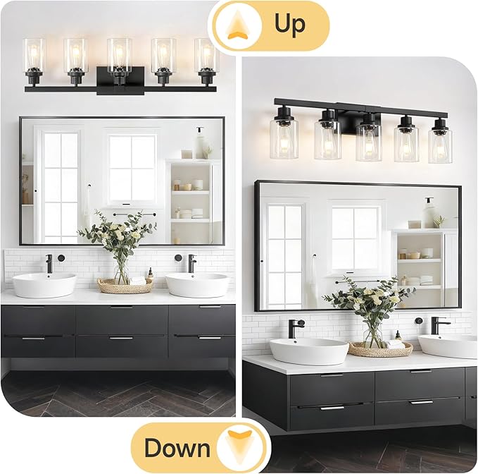 5-Light Black Bathroom Vanity Light, Modern Vanity Lighting Fixture for Bathroom, 31" Matte Light Fixture, Wall Sconces with Clear Glass Shade, Black Bathroom Wall Light Over Mirror