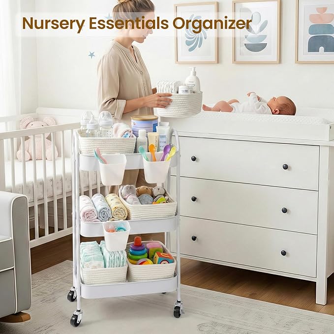 3-Tier Rolling Utility Cart with 4 Woven Baskets, Diaper Book Snack Cart, Storage Organizer for Nursery, Kitchen, Craft Room, Home SPA, Living Room, Metal Frame Trolley on Lockable Wheels, White
