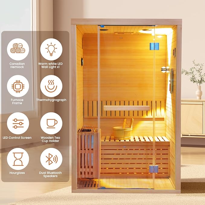 OUTEXER Traditional Steam Sauna Home Spa Room for 2-3 Person Steam Wet Indoor Saunas with 240V 3KW Heater,Sauna Stone, Water Bucket, Ladle, LED Lights