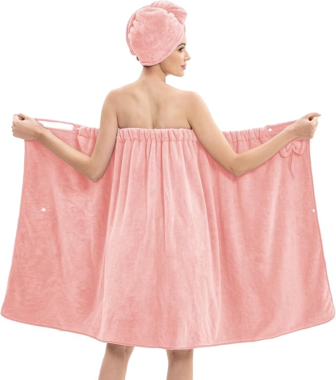 Bath Wrap Towels for Women – Adjustable Spa Shower Wrap with Super Absorbent Microfiber, Quick-Dry Body & Hair Towel Set for Home, Hotel, Beach, Pool, Gym, Travel (Pink, L - XL)