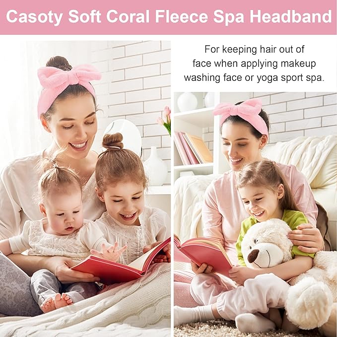 Casoty 12 Pcs Pink Spa Headband, Makeup Headband for Women, Soft Coral Fleece Skincare Headbands for Makeup, Bow Hair Band for Face Washing Shower Skin Care Yoga