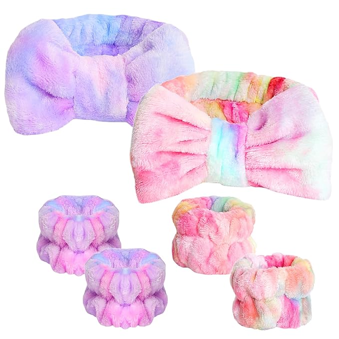 WSYUB Spa and Makeup Headband Set - Gorgeous Tie Dye Color Cosmetic Headband and Absorbent Wrist Towels for Skincare, Face Washing, and Makeup Application (6 pcs)