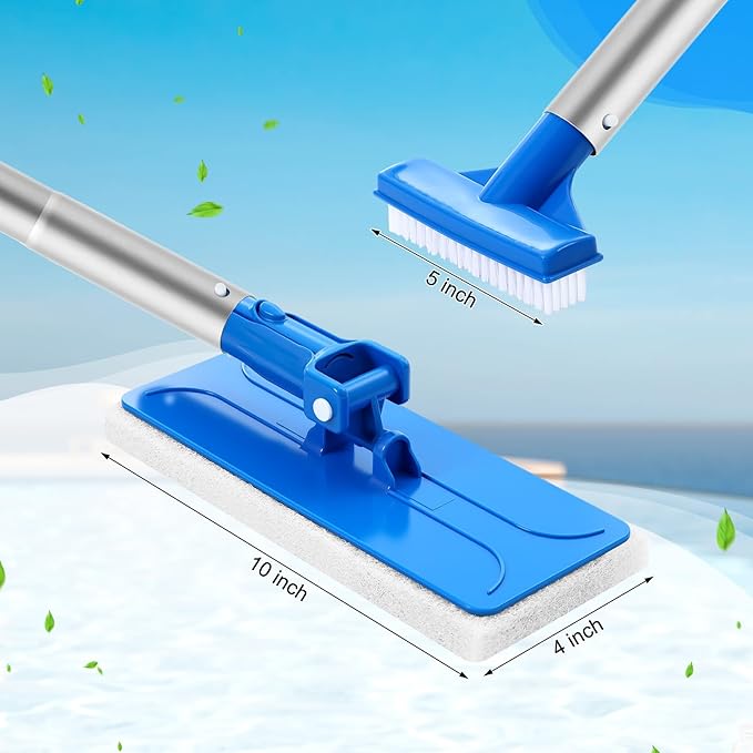 Tioncy 3 Pcs Pool Brushes Kit with 47" Pole Adjustable, 10" Pool Brush Head, Hand Scrub Brush & Scouring Sponge Pads with Aluminum Pole for Spa Hot Tub Bathroom Kitchen Home Tiles Walls Floors
