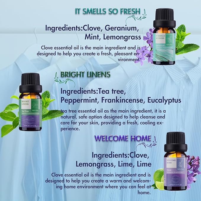 Wecona Essential Oils for Laundry - 100% Pure Essential Oils for Diffusers for Home,6x10ml(Clean)- Aromatherapy Oils for Humidifiers,Wool Dryer Balls,Clean Linen