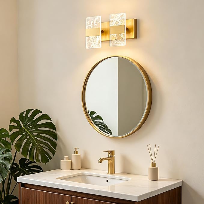 Modern LED Bathroom Light Fixtures Dimmable 2-Light Gold Vanity Light, 5CCT Adjustable Lighting Fixture Vanity Lights Over Mirror, Smoked Acrylic LED Vanity Lights for Bathroom