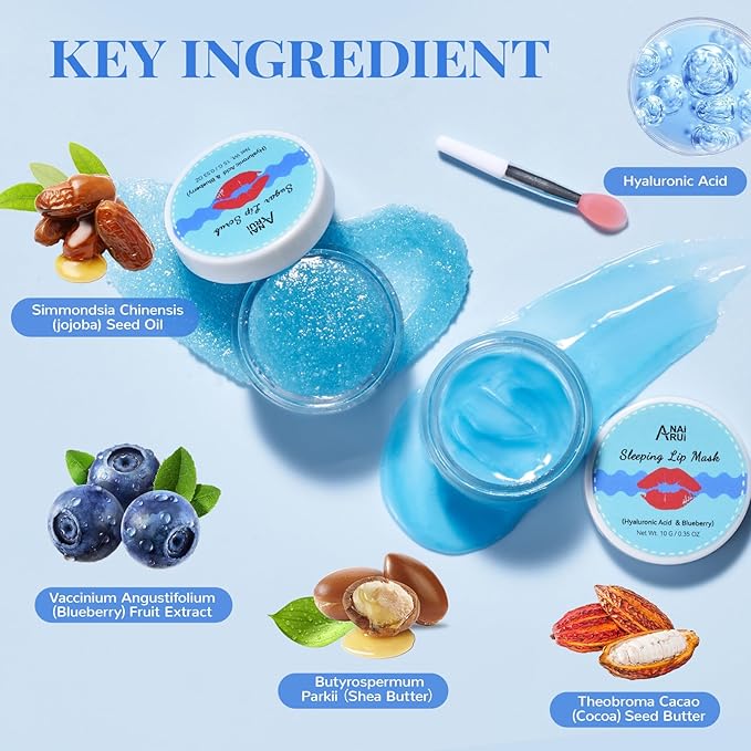 ANAI RUI Lip Therapy Set, Lip Scrub & Lip Mask, Overnight Moisturizing Lip Care Kit, Suagr Lip Exfoliator and Lip Sleeping Mask for A Soft Lips, Lip Gift Set for Dry, Chapped, Dark Lips, Blueberry