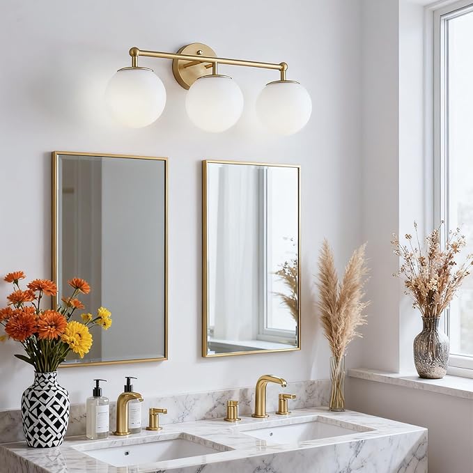 AKEZON Gold Vanity Light for Bathroom, Modern Bathroom Light Fixtures Over Mirror Brushed Gold Vanity Lights 3-Light Wall Sconce with Milky Glass Globe Shade for Mirror Living Room Bedroom Hallway