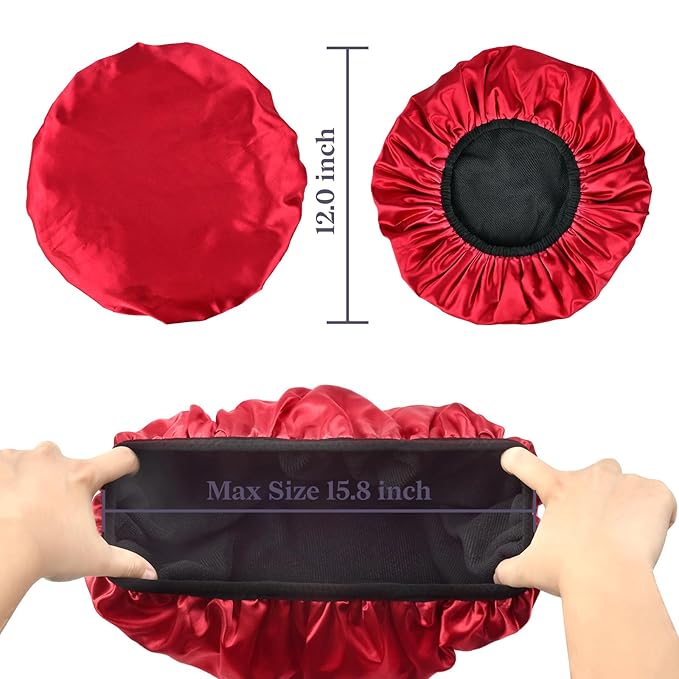 Three-Layer Terry Cloth Lined Satin Shower Cap, with Silk Hair Ties, Microfiber Waterproof Reusable Large Size Shower Cap for Women Long Thick Hair (Claret)