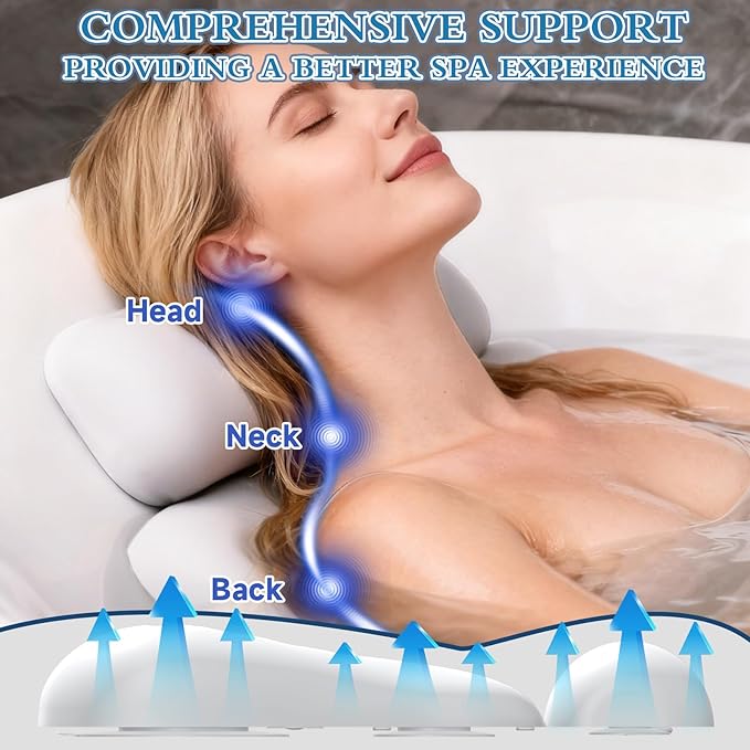 Silicone Bath Pillows for Tub, Easy Clean, Quick Dry, Non Slip Bath Pillow, Head and Back Both Inflatable Adjustable, Comfortable Luxury Bathtub Pillow with 5 Large Suction Cups