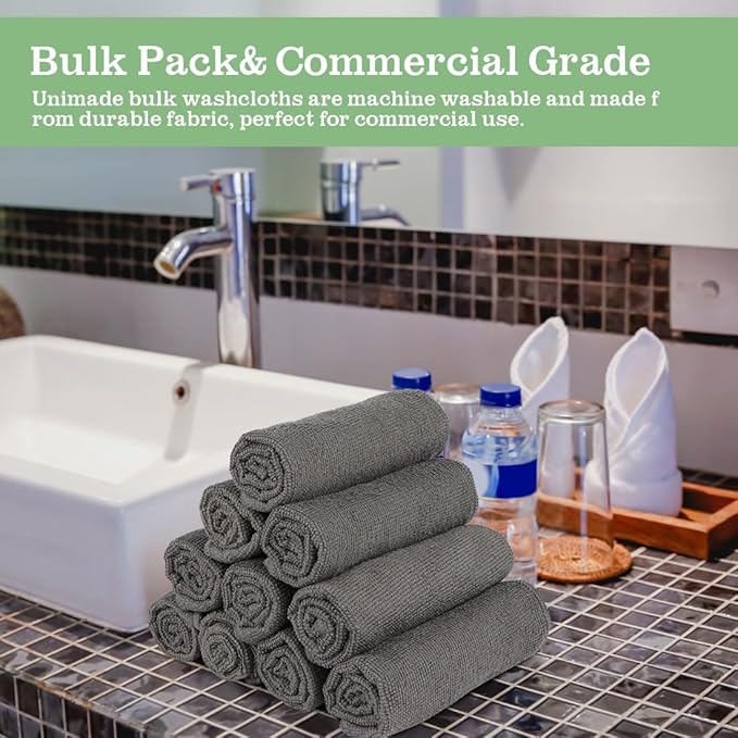 UNIMADE Washcloths Bulk - 10 Pack - Face Towels (12" x 12"), Highly Soft Wash Cloths and Hand Towels, Fast Drying Multi-Purpose Microfiber Cleansing Cloths for Bathroom, Hotel, Spa, and Salon - Grey