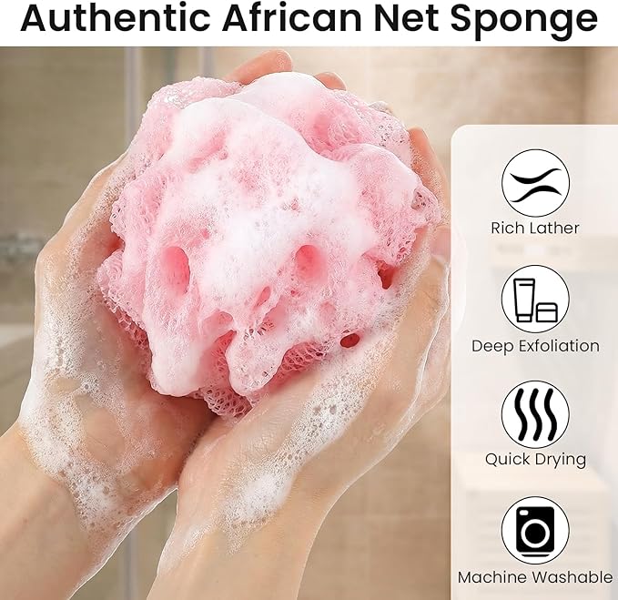 African Net Sponge 2Pcs Authentic Exfoliating Body Scrubber Long Net Bath Sponge Loofah Back Scrubber for Shower All Body Skin Nylon (Purple, Pink)
