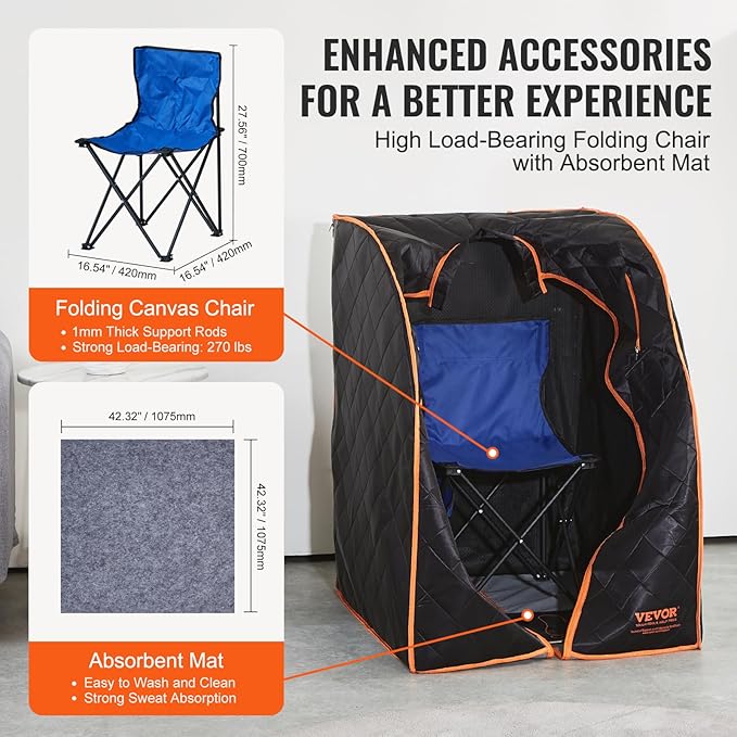 VEVOR Infrared 1050W Portable Sauna Tent Personal Sauna Kit for Home Spa, Detoxify & Soothing Heated Body Therapy, Time & Temperature Remote Control with Chair & Floor Mat, 2.2’x 2.6’x 3.2’