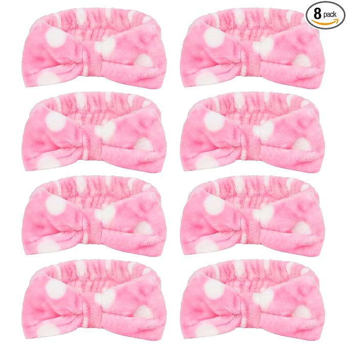 CIEHER 8 Pcs Spa Headbands for Women & Girls - Pink Dot Spa Headbands for Bachelorette Party, Sleep Party, Skincare, Makeup & Face Wash Use