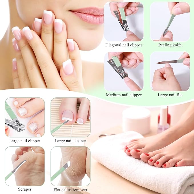 Manicure Set Pedicure Kit Nail Clippers Set Fingernail Clipper Set Ingrown Toenail Nail Kit Scissor Nail Trimmer Kit 18 Pieces Women and Men’s Care Grooming Tools with Fine Case (Tea Green_18 Pieces)