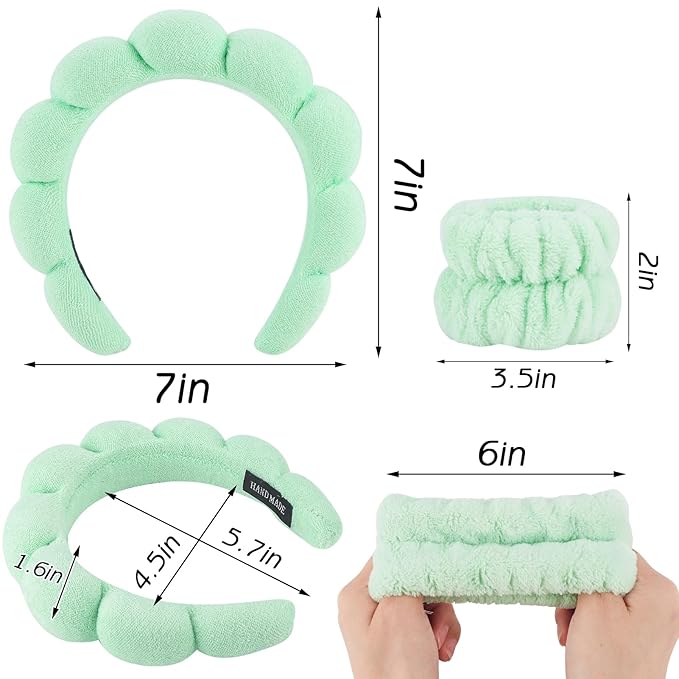 Zkptops 6Pcs Spa Headband for Washing Face Wristbands Set Women Bubble Makeup Sponge Terry Cloth Padded Puffy Headband Bow Tie Skincare Hairband Cute Non Slip Thick Hair Accessory Gifts (Light Green)