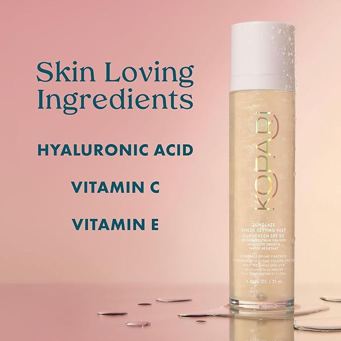Kopari Sunglaze Sheer Setting Mist Sunscreen SPF 50, Weightless, Fast Drying, Ultra-Fine Setting Spray, Made With Hyaluronic Acid, Sets Makeup For A Hydrated, Dewy Finish, 2.53 fl oz