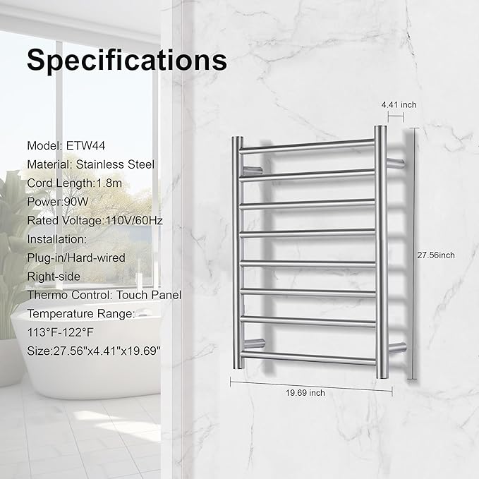 Towel Warmer Bathroom Wall Mounted Drying Rack Plug-in Electric Heated Towel Rack Stainless Steel (Brushed, 8 Bar)
