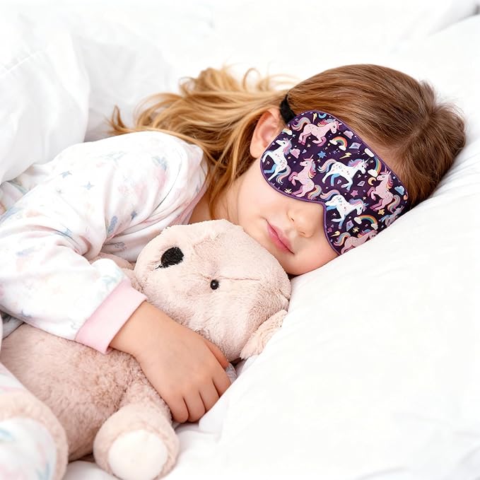 Silk Kids Sleep Mask: 100% Mulberry Silk Eye Mask, Sleeping Masks with Adjustable Strap, Soft & Light-Blocking Printed Kid Eye Cover for Boys Girls Teens Aged 5-15 (Horse Theme)