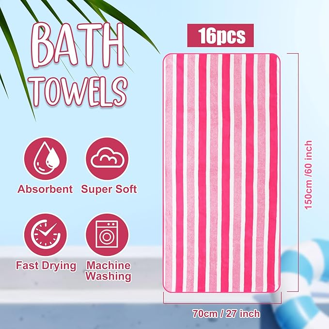 SmoothNovelty 16 Pack Microfiber Bath Towels Bulk 27'' x 60'' Oversized Size Bath Towel Highly Absorbent Extra Large Soft Drying for Beach Shower Summer Salon Sport Gym Party (Wide Stripes,Pink)