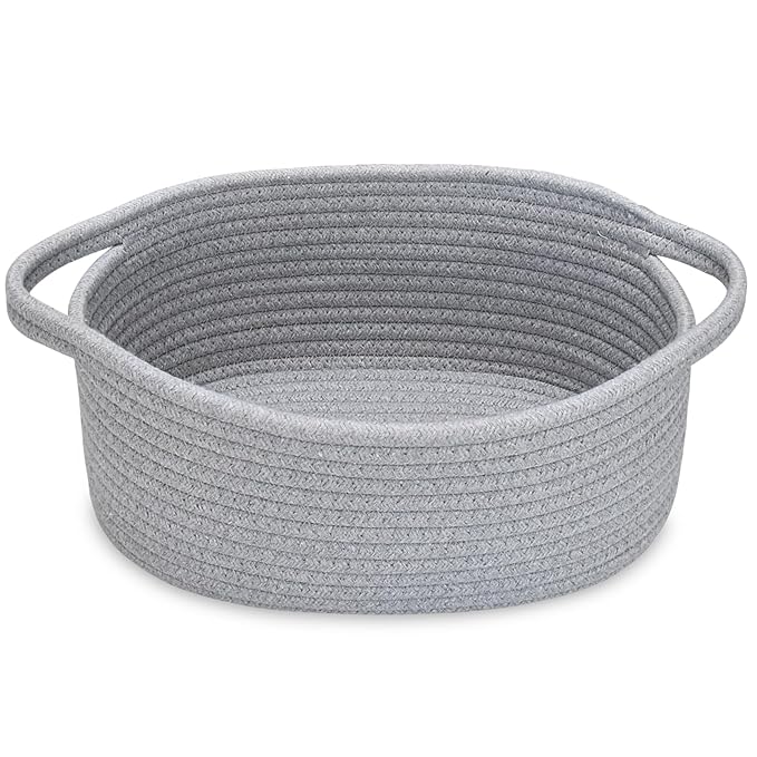 ABenkle Small Basket, 12"x 8" x 5" Cute Small Woven Basket, Rope Room Shelf Storage Basket, Cat Dog Toys Basket Chest Box, Decorative Empty Gift Basket with Handles - All Gray