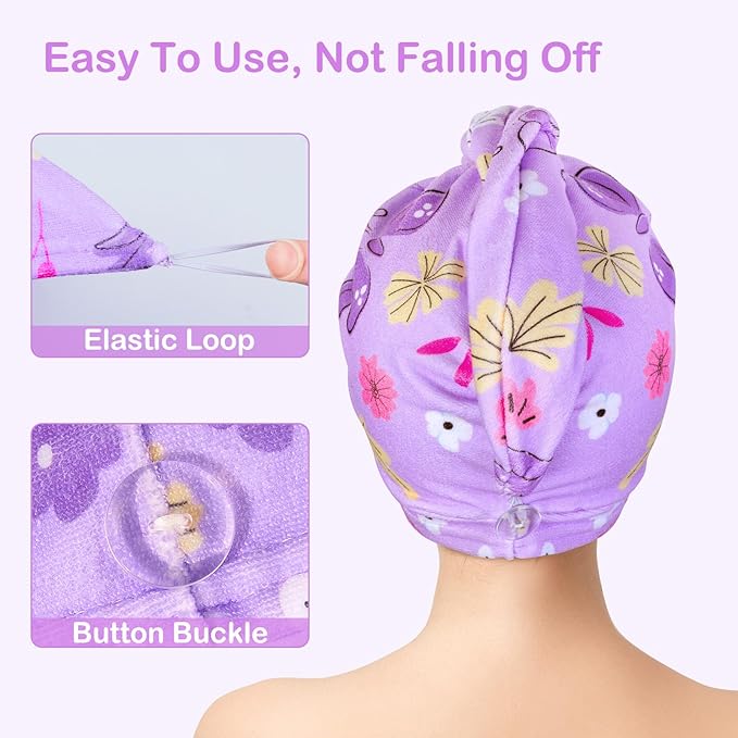 FIOBEE Microfiber Hair Towel Wrap for Kid Rapid Drying Towel Absorbent Hair Turbans for Wet Hair with Button Women Girls Long Curly Hair Pack of 2, Pink/Purple Butterfly
