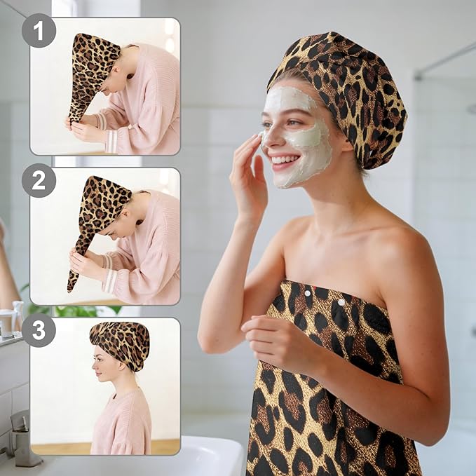 Absorbent Leopard Print Bath Towel Wrap Set for Women, Leopard Print Towel Wrap After Shower, Microfiber Shower Robe Body Towel Wraps for Women, Quick Dry Hair Towels Wraps for Spa Hotel Beach