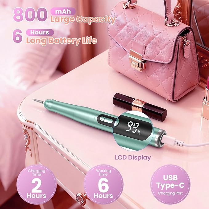 Cordless Nail Drill 35000RPM, Portable Electric Nail File for Acrylic Gel Nails, Professional Manicure Pedicure Kit, Rechargeable efile Set for feet with LCD Display, Low Noise Low Vibration-Green