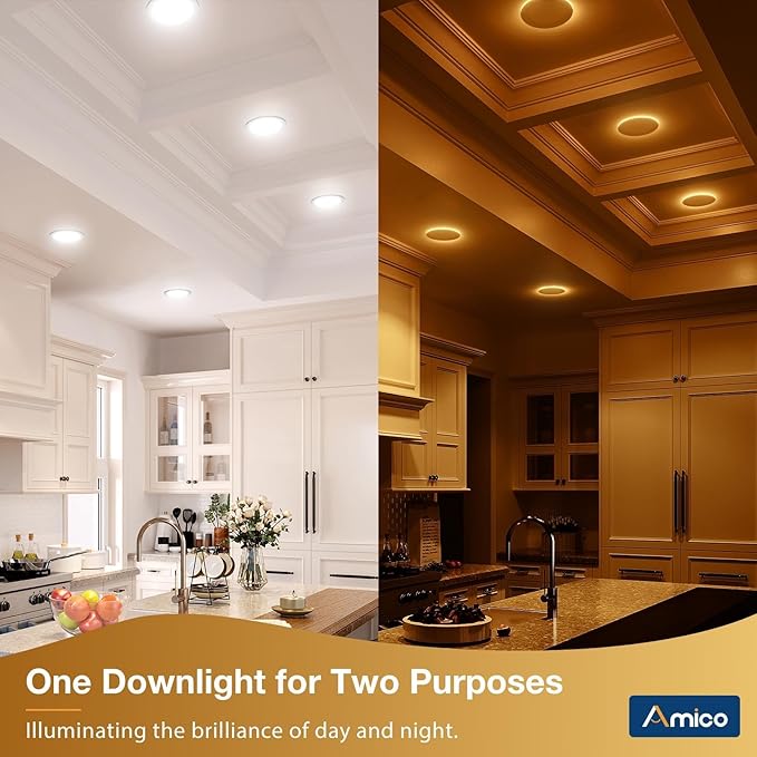 Amico 6 Pack 6 Inch 5CCT LED Recessed Ceiling Light with Night Light, 2700K/3000K/3500K/4000K/5000K Selectable Ultra-Thin Recessed Lighting, 12W=110W, 1100LM, Dimmable Canless Wafer Downlight ETL&FCC